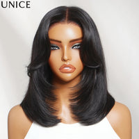 UNice Sleek Layered Bob Wig with Face-Framing Bangs No-Slip Cap 7x5 Lace Shoulder-Length Glueless Human Hair Wig Ready To Wear