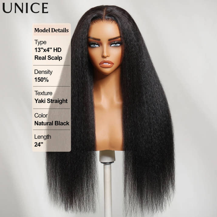 UNice 13x4 HD Real Scalp™ Wig Invisible Lace Frontal Kinky Straight Wig With Drawstring 100% Human Hair Glueless Wigs