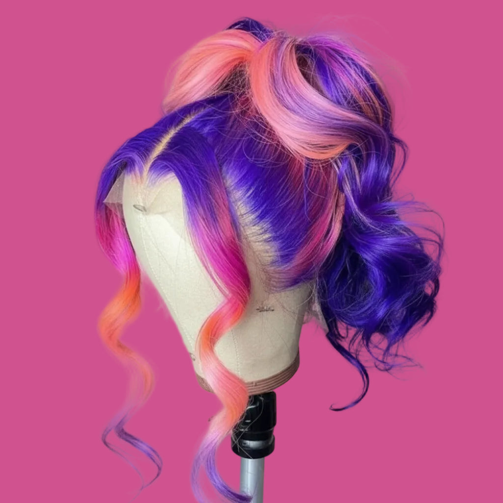 Multicolored wig on a mannequin head with a blurred indoor background