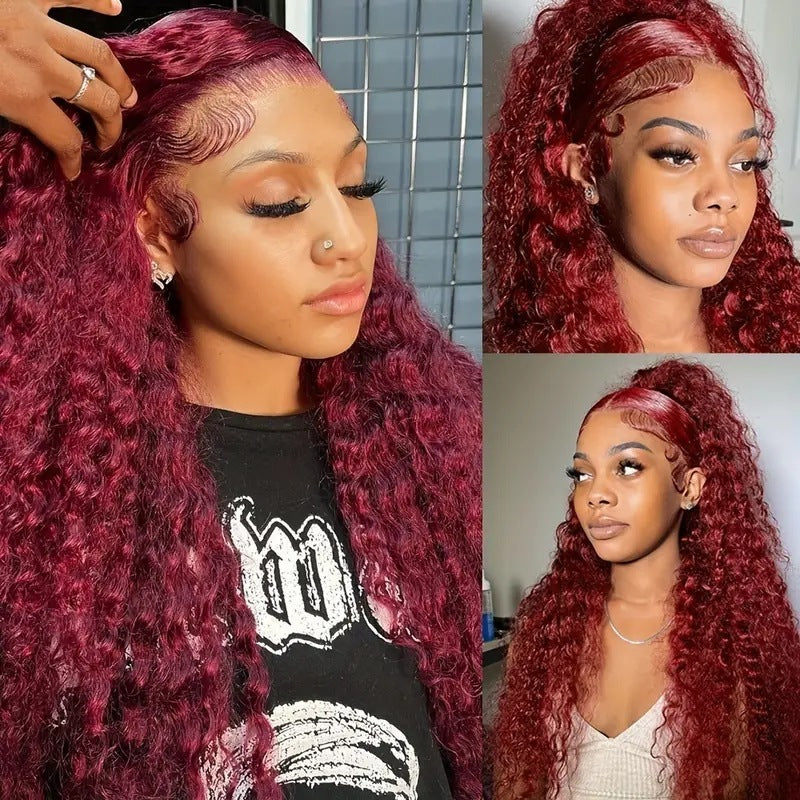 Wine Red Wig Front Lace Small Roll Wound