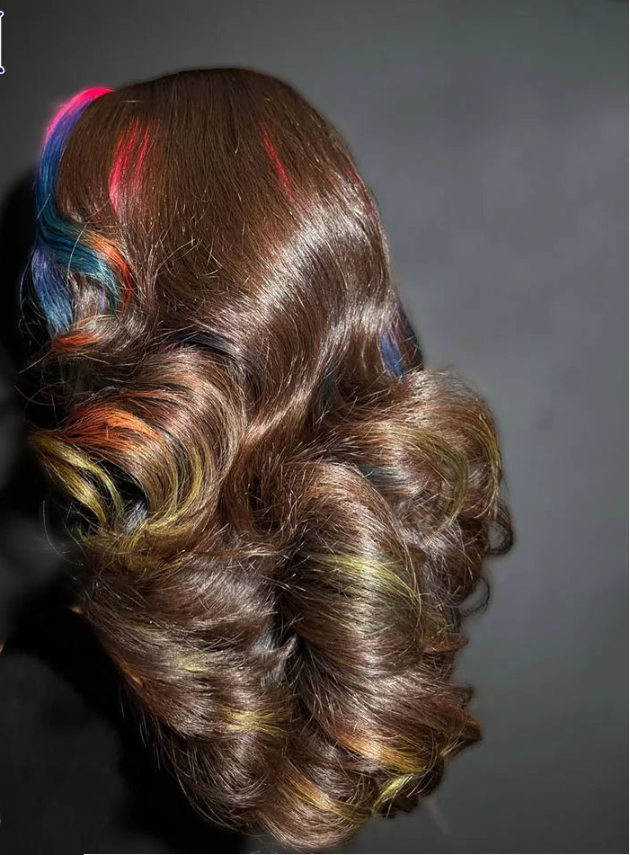 Curly hair with multicolor highlights on a dark background