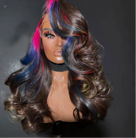 13X6  Highlight Pink Blue Theme frontal Hd Lace Body Wave  Pre Plucked Wig