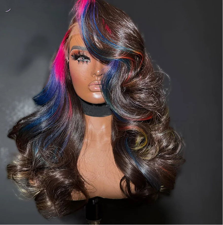 13X6  Highlight Pink Blue Theme frontal Hd Lace Body Wave  Pre Plucked Wig