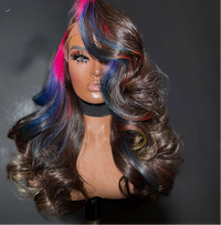 13X6  Highlight Pink Blue Theme frontal Hd Lace Body Wave  Pre Plucked Wig