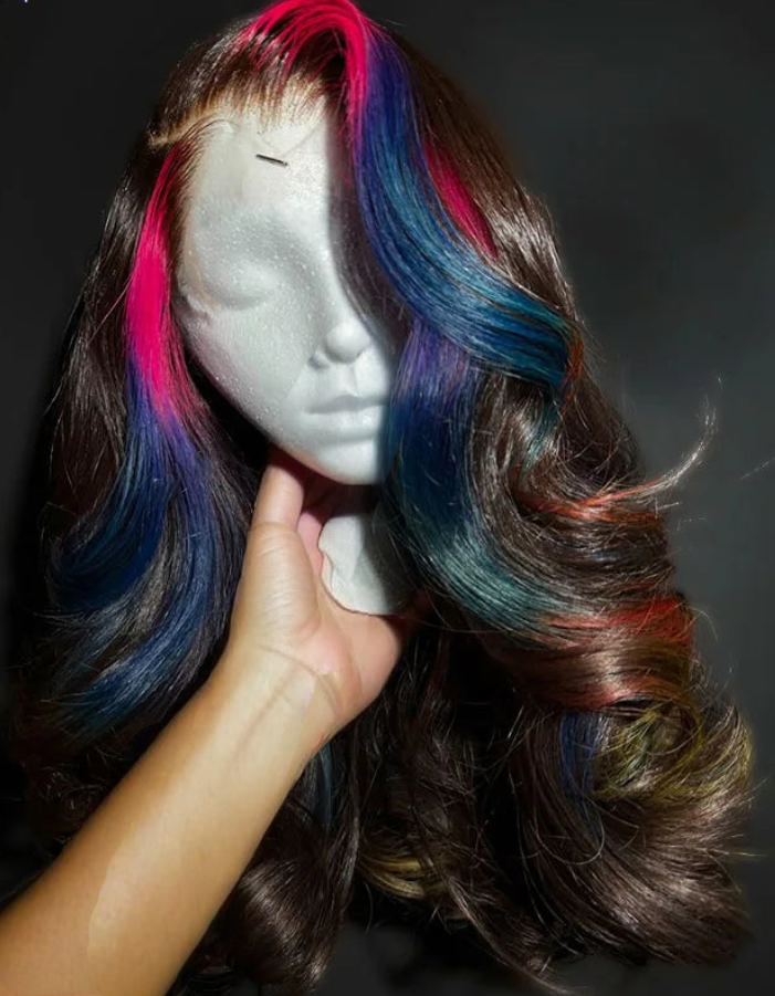13X6  Highlight Pink Blue Theme frontal Hd Lace Body Wave  Pre Plucked Wig