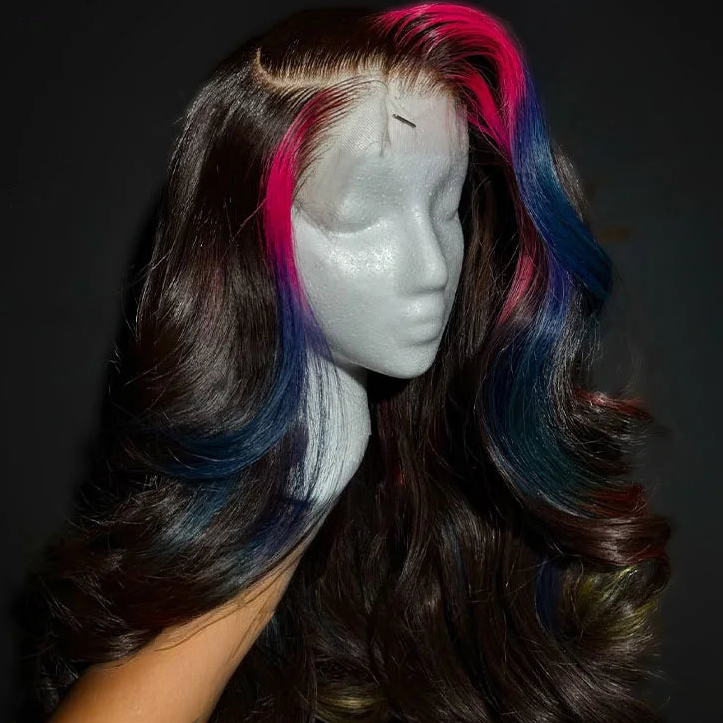 13X6  Highlight Pink Blue Theme frontal Hd Lace Body Wave  Pre Plucked Wig